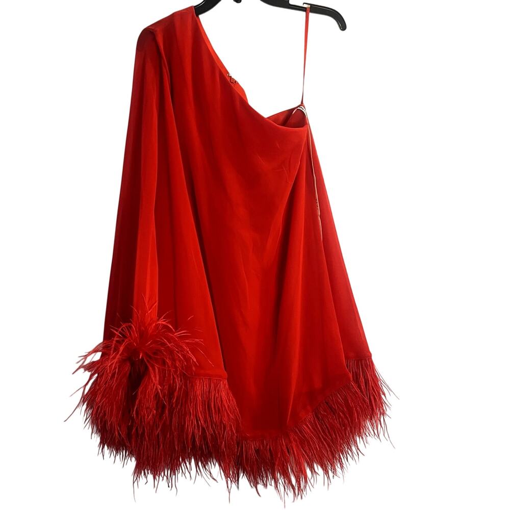 Mac Duggal One Shoulder Trapeze Mini Dress Feather Trim Red 11623 size 10 - Picture 2 of 8